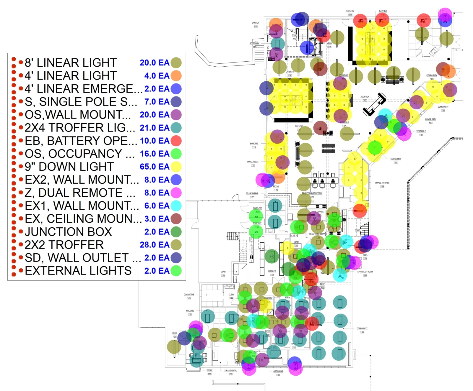 Lighting plan takeoff markup with a colored dot for each fixture and a legend of fixture counts by type