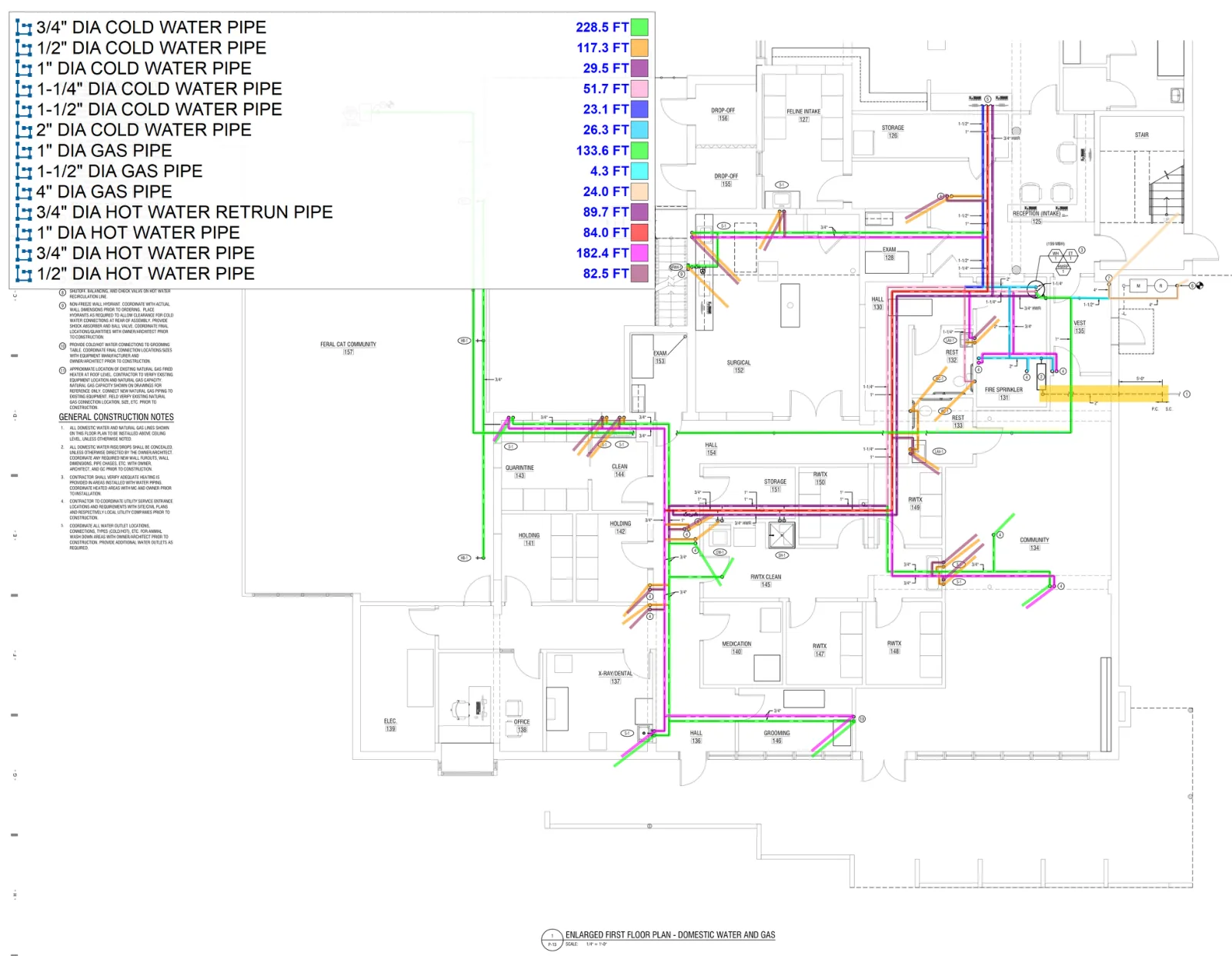 Domestic water and gas plan takeoff markup with a legend of pipe lengths in feet by size