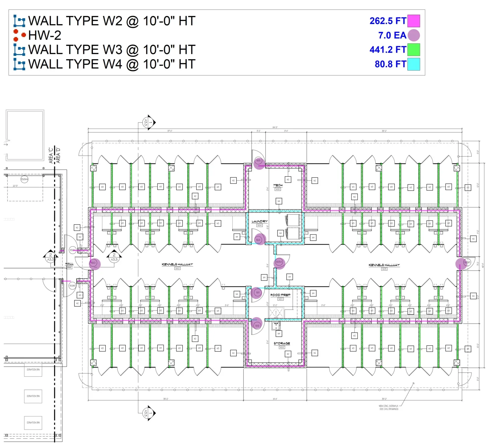Partition plan takeoff markup with each wall type in its own color and a legend of wall lengths and counts