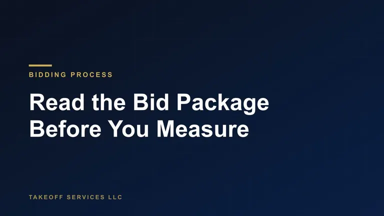 Cover for a guide to the construction bid package, titled Read the Bid Package Before You Measure, white text on navy