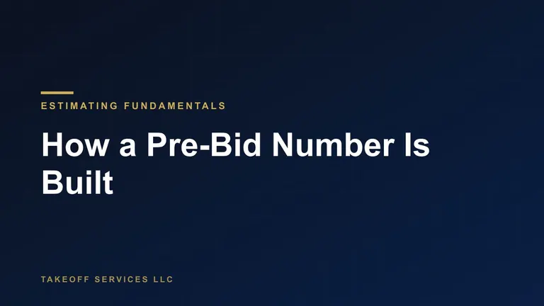 Cover for a guide on how to estimate construction costs, titled How a Pre-Bid Number Is Built, white text on navy