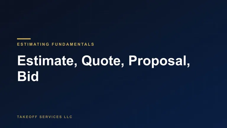 Cover for a comparison of a bid estimate, a quote and a proposal, titled Estimate, Quote, Proposal, Bid, white text on navy