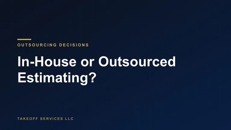 Cover for a guide to in-house versus outsourced estimating, titled In-House or Outsourced Estimating, white text on navy