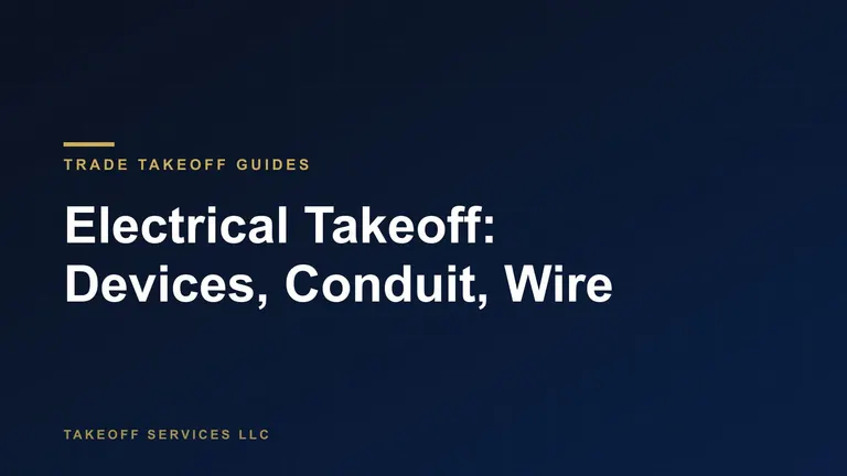 Electrical takeoff markup on a plan sheet showing device symbols, a conduit route and a quantity tally