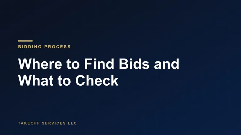 Cover for a guide to construction bidding websites, titled Where to Find Bids and What to Check, white text on navy
